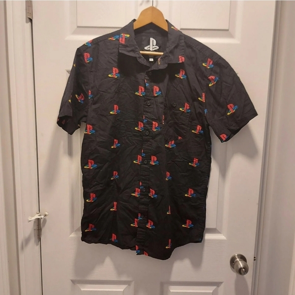 Sony PlayStation Print Logo Graphic Licensed Button-Up Shirt Black Size Large - Picture 1 of 5